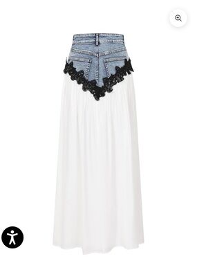 White Maxi Skirt with Denim Waist and Black Lace Trim